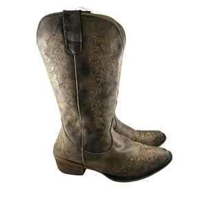 Roper Womens Riley Brown Faux Leather Embroidered Cowboy Western Boots Size 6.5
